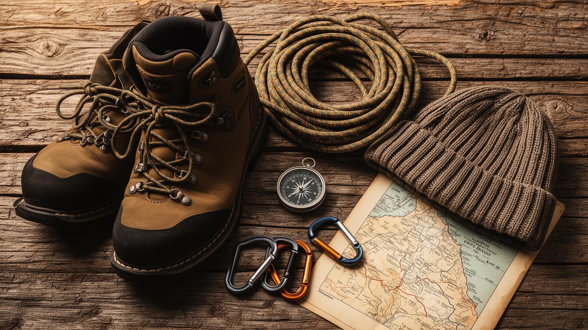 Trekking boots, rope, compass and map